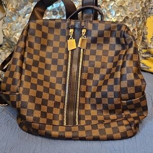Checkered Brown Backpack With Matching Pouch